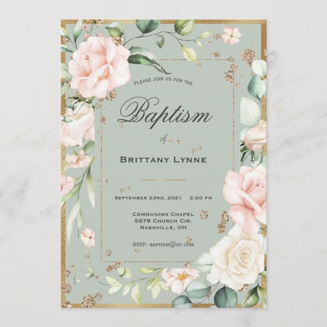 Convites Sage Green Watercolor Floral Baptism (Frente)