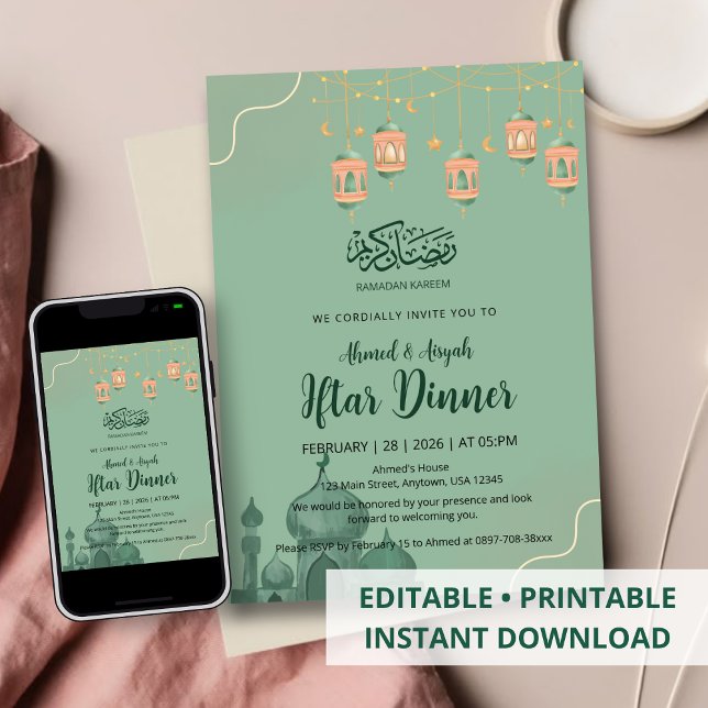 Convites Sage Green Watercolor Mosque Iftar Dinner (Criador carregado)