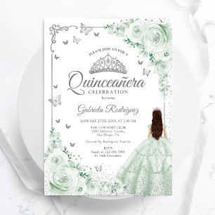 Convites Sage Green Watercolor Rosa Silver Quinceanera