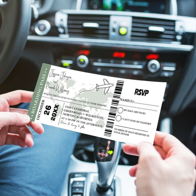 Convites Sage Green Wedding Bilhete de embarque (Criador carregado)