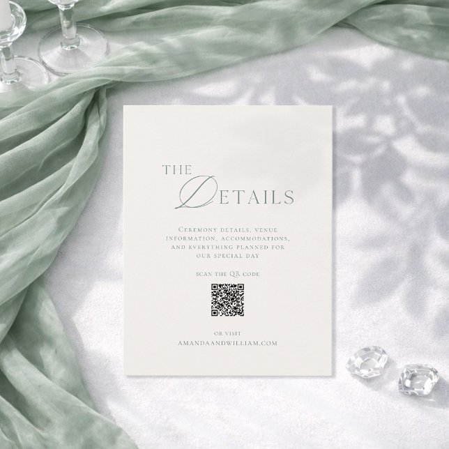 Convites Sage Green Wedding Details Card with QR Code (Criador carregado)