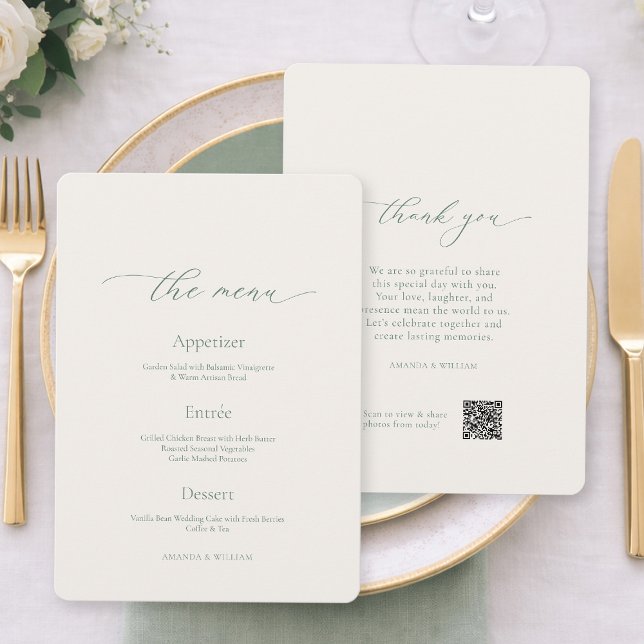 Convites Sage Green Wedding Menu Card – Double Sided (Criador carregado)