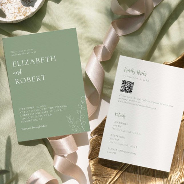 Convites Sage Green Wedding Minimalist Modern QR Code (Criador carregado)