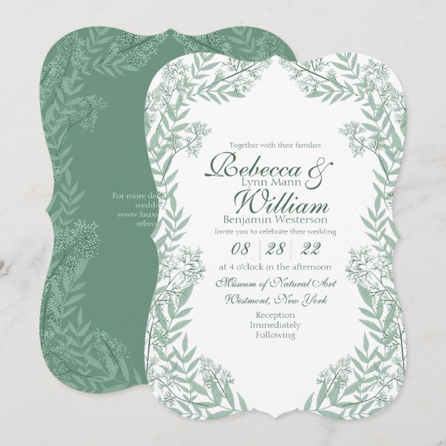 Convites Sage Green Wedding Vintage Botanical (Frente/Verso)