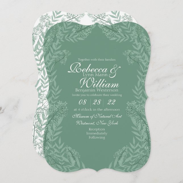 Convites Sage Green Wedding Vintage Botanical (Frente/Verso)