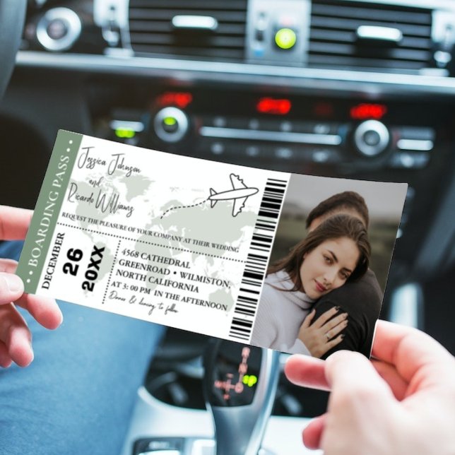 Convites Sage green Wedsing Bilhete de embarque (Criador carregado)