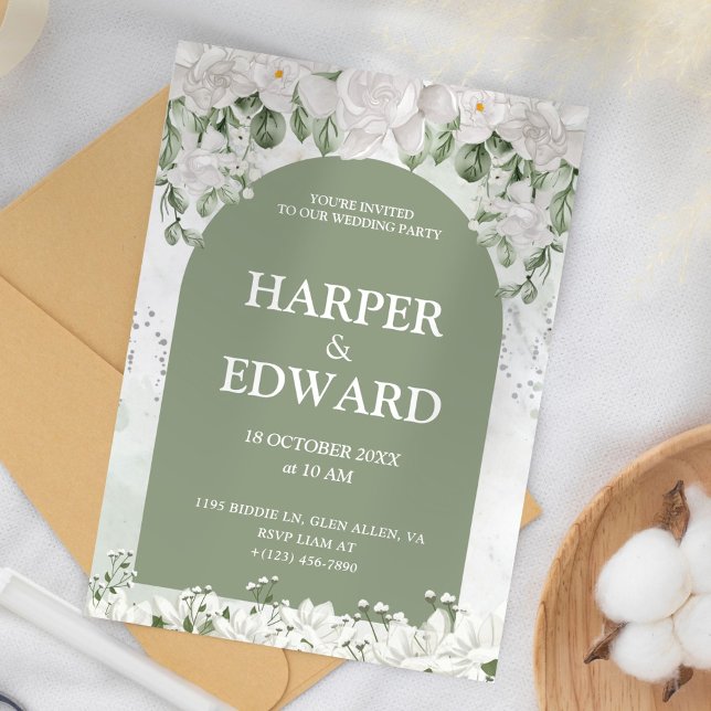 Convites Sage Green White Floral Invitation (Criador carregado)