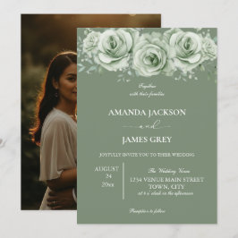 Convites Sage Green White Floral Photo Back Wedding 