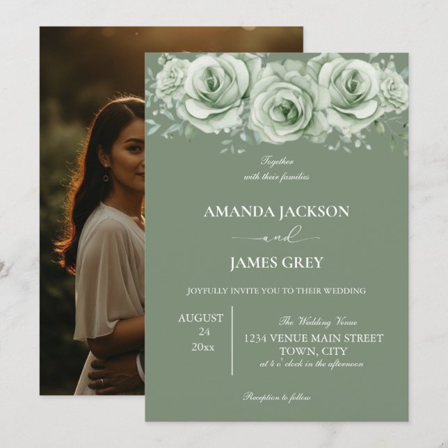 Convites Sage Green White Floral Photo Back Wedding  (Frente/Verso)