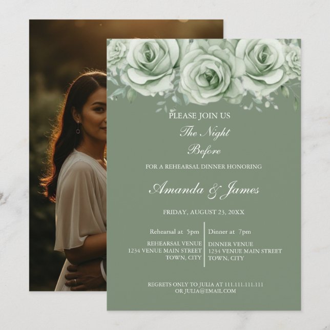 Convites Sage Green White Floral Rehearsal Dinner (Frente/Verso)