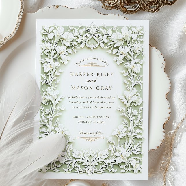 Convites Sage Green White Iris Wedding Faux Embossed Design (Criador carregado)