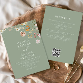 Convites Sage Green Wildflower All in One QR Code Wedding