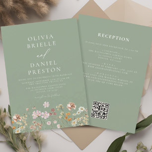 Convites Sage Green Wildflower All in One QR Code Wedding