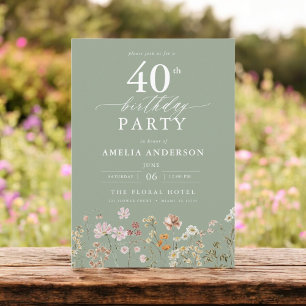 Convites Sage Green Wildflower aniversário de 40 anos