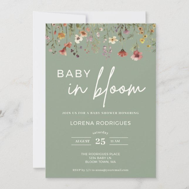 Convites Sage Green Wildflower Baby in Bloom Chá de fraldas (Frente)