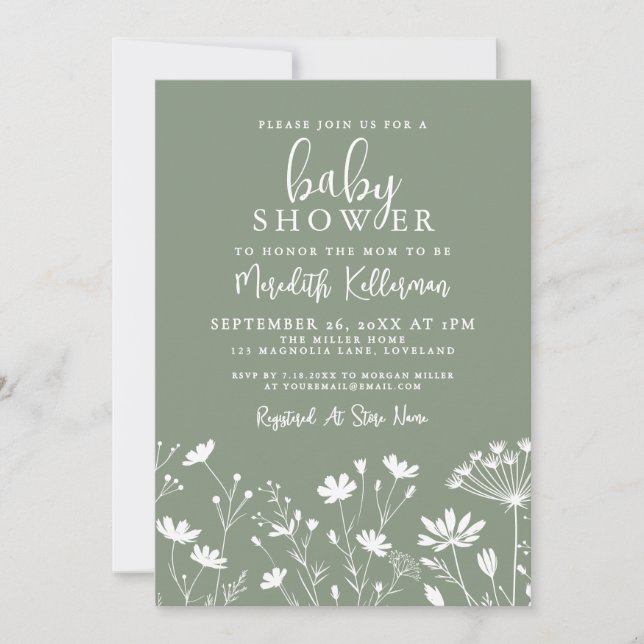 Convites Sage Green Wildflower Baby Shower (Frente)