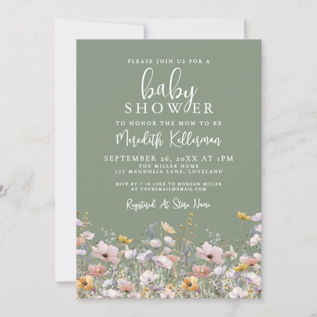 Convites Sage Green Wildflower Baby Shower (Frente)