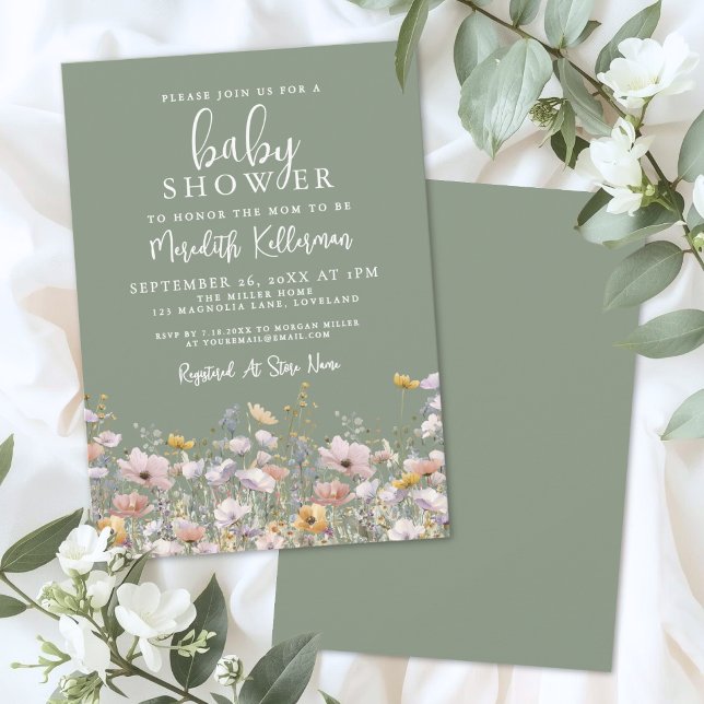 Convites Sage Green Wildflower Baby Shower (Sage Green Wildflower Baby Shower Invitation)