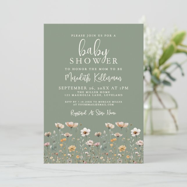 Convites Sage Green Wildflower Baby Shower (Em pé/Frente)