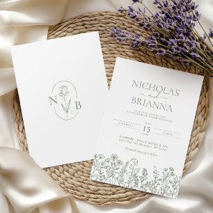Convites Sage Green Wildflower Boho Casamento Monograma