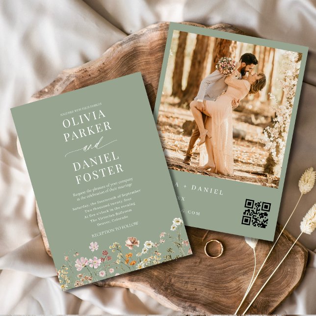 Convites Sage Green Wildflower Código QR Foto Boho Casament (Criador carregado)