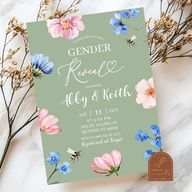 Convites Sage Green Wildflower Gender Reveal Invitation (Criador carregado)