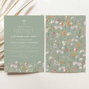 Convites Sage Green Wildflower Primeira Comunhão Santa