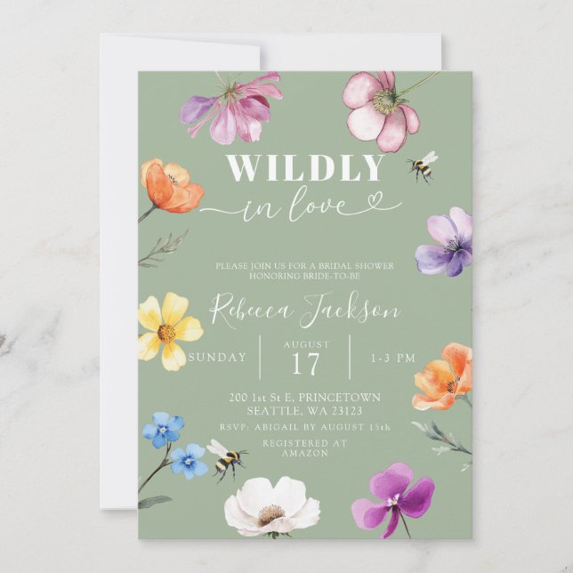 Convites Sage Green Wildflower Wildly in Love Bridal Shower (Frente)