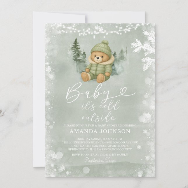 Convites Sage Green Winter Boy Bear Baby É Frio Lá Fora (Frente)