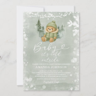 Convites Sage Green Winter Boy Bear Baby É Frio Lá Fora