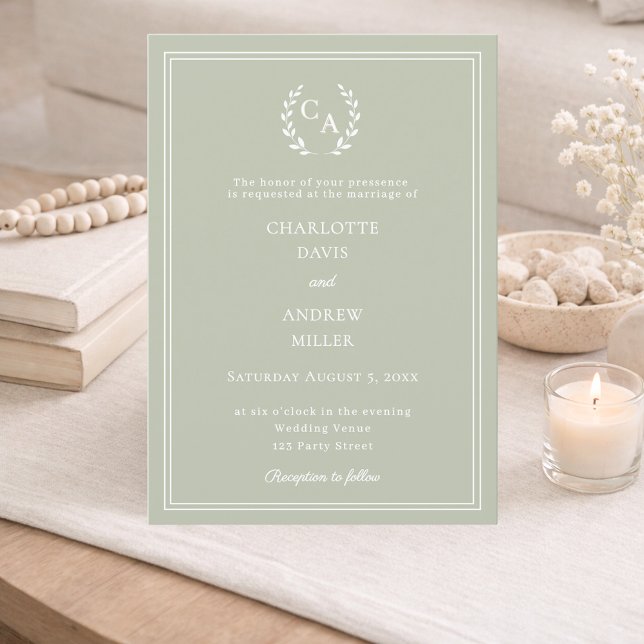 Convites Sage green wreath monogram simple wedding  (Criador carregado)