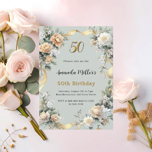Convites Sage green yellow flores gold aniversário