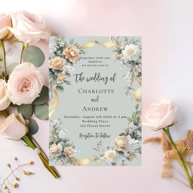 Convites Sage green yellow flores gold casamento (Criador carregado)