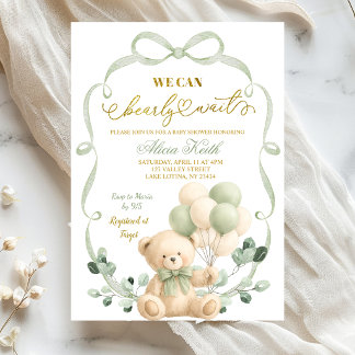 Convites Sage Greenery Bow Coquette Bear Baby Shower