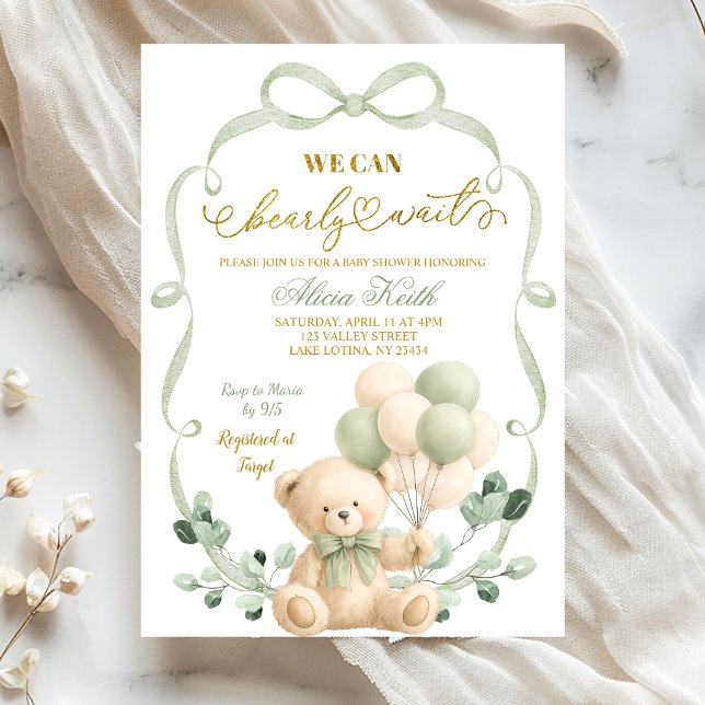 Convites Sage Greenery Bow Coquette Bear Baby Shower (Criador carregado)