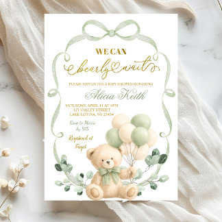 Convites Sage Greenery Bow Coquette Bear Baby Shower