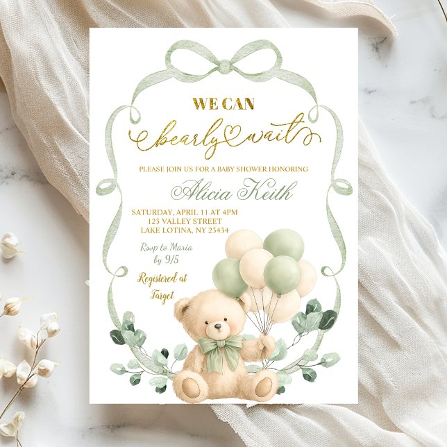 Convites Sage Greenery Bow Coquette Bear Baby Shower (Criador carregado)