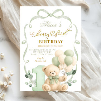 Convites Sage Greenery Bow Coquette Beary First Birthday