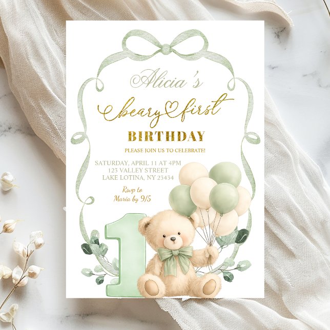Convites Sage Greenery Bow Coquette Beary First Birthday (Criador carregado)