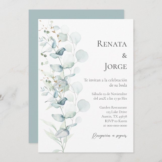 Convites Sage Greenery Casamento Espanhol (Frente/Verso)