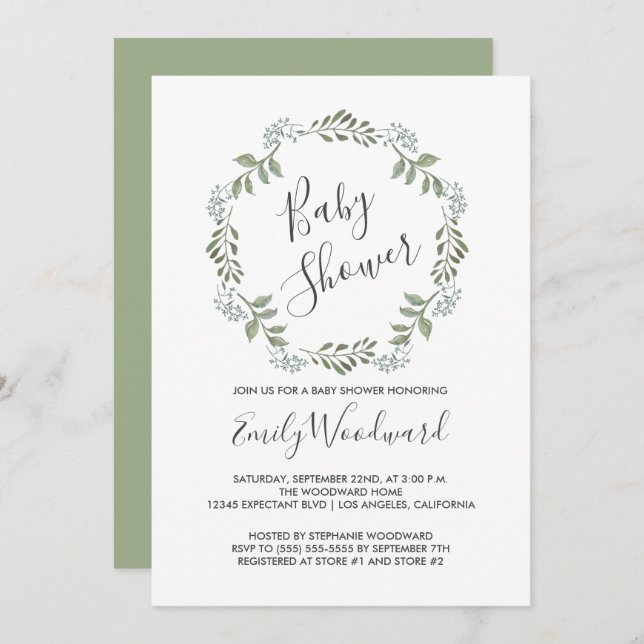 Convites Sage Greenery Chá de fraldas de exaustão botânico (Frente/Verso)