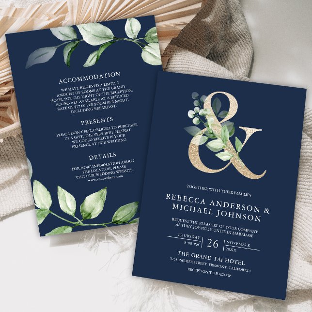 Convites Sage Greenery Dourado Ampersand Marinho Casamento  (Criador carregado)
