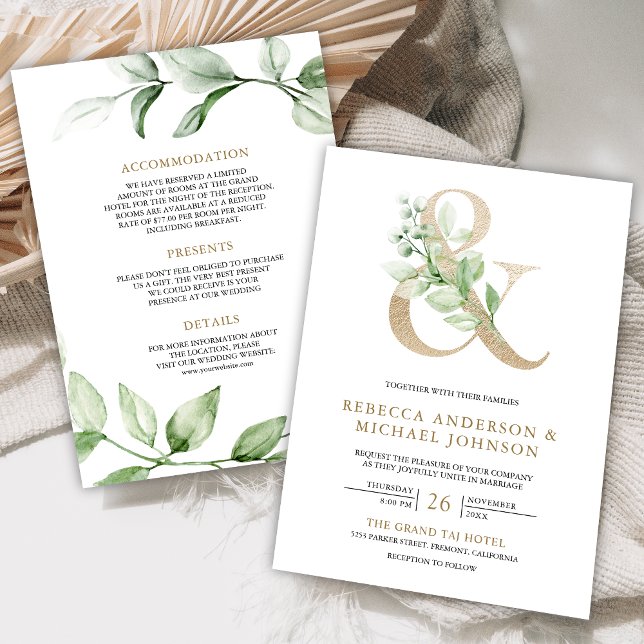 Convites Sage Greenery Dourado Casamento com Ampersand Whit (Criador carregado)