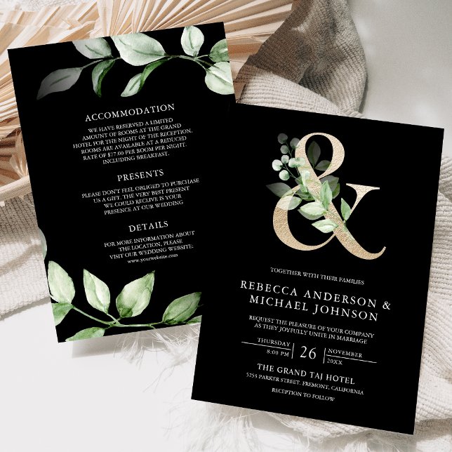Convites Sage Greenery Dourado E comercial Ampersand Preto  (Criador carregado)