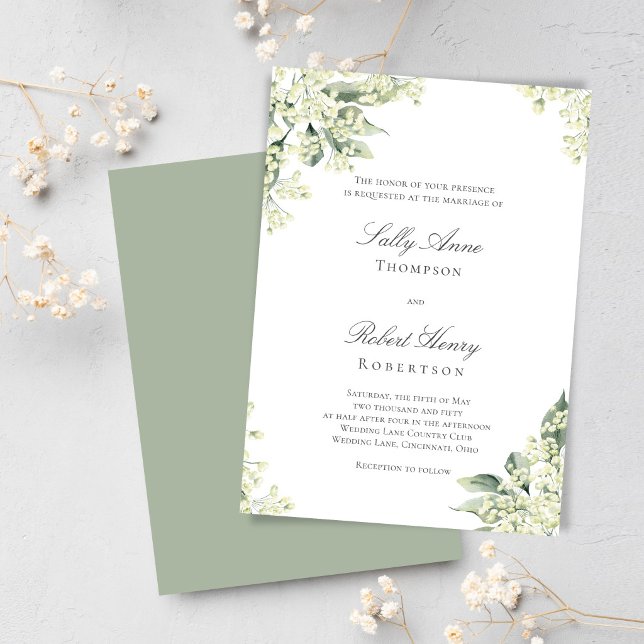 Convites Sage Greenery Floral Elegante Roteiro Casamento (Elegant greenery wedding design with soft sage tones and delicate florals, perfect for a timeless.)
