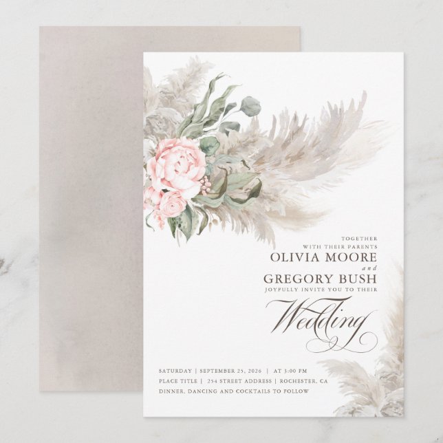 Convites Sage Greenery Flowers Rosa Pampas Casamento Grass (Frente/Verso)