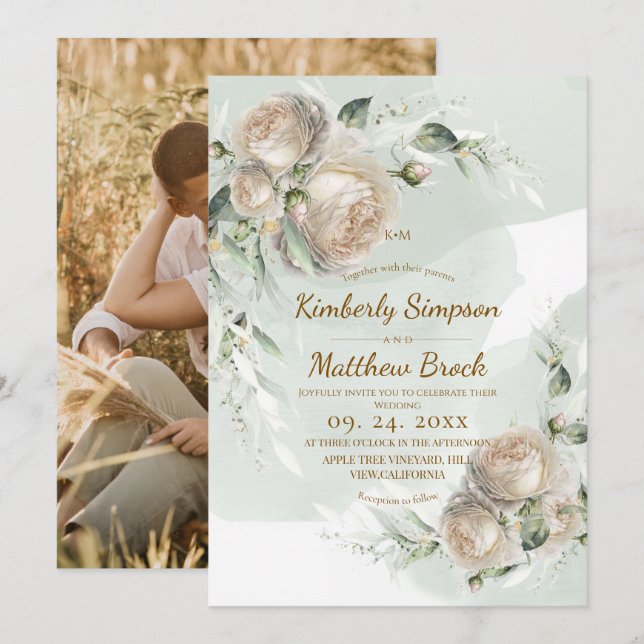 Convites Sage Greenery Rose Wedding (Frente/Verso)