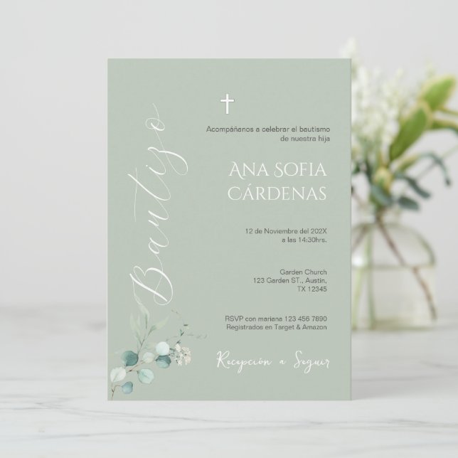 Convites Sage Greenery Spanish Baptism Girl invitation (Em pé/Frente)