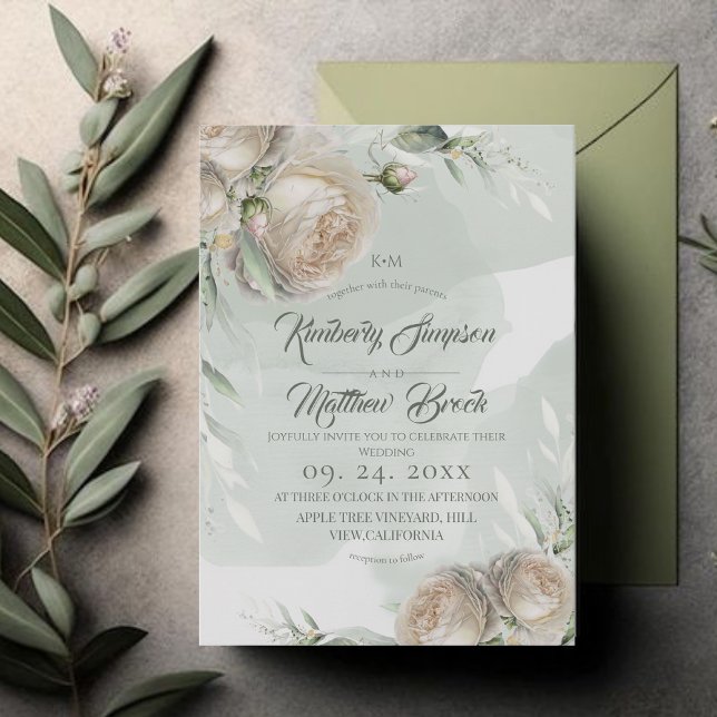 Convites Sage Greenery White Rose Wedding (Criador carregado)