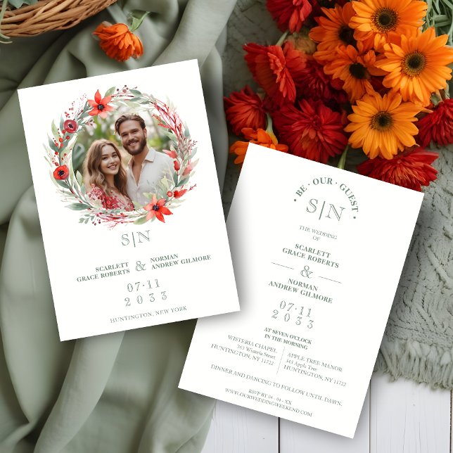 Convites Sage Luxury Initials Floral Red Shades Round Photo (Sage Luxury Initials Floral Wreath Red Shades Round Photo Wedding Invitation Card.)